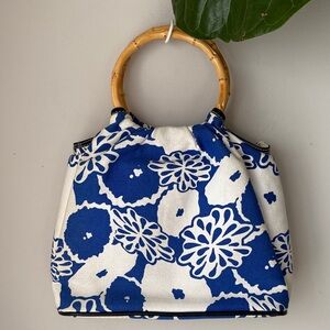 Indeed Blue & White Floral Bamboo Handle Tote